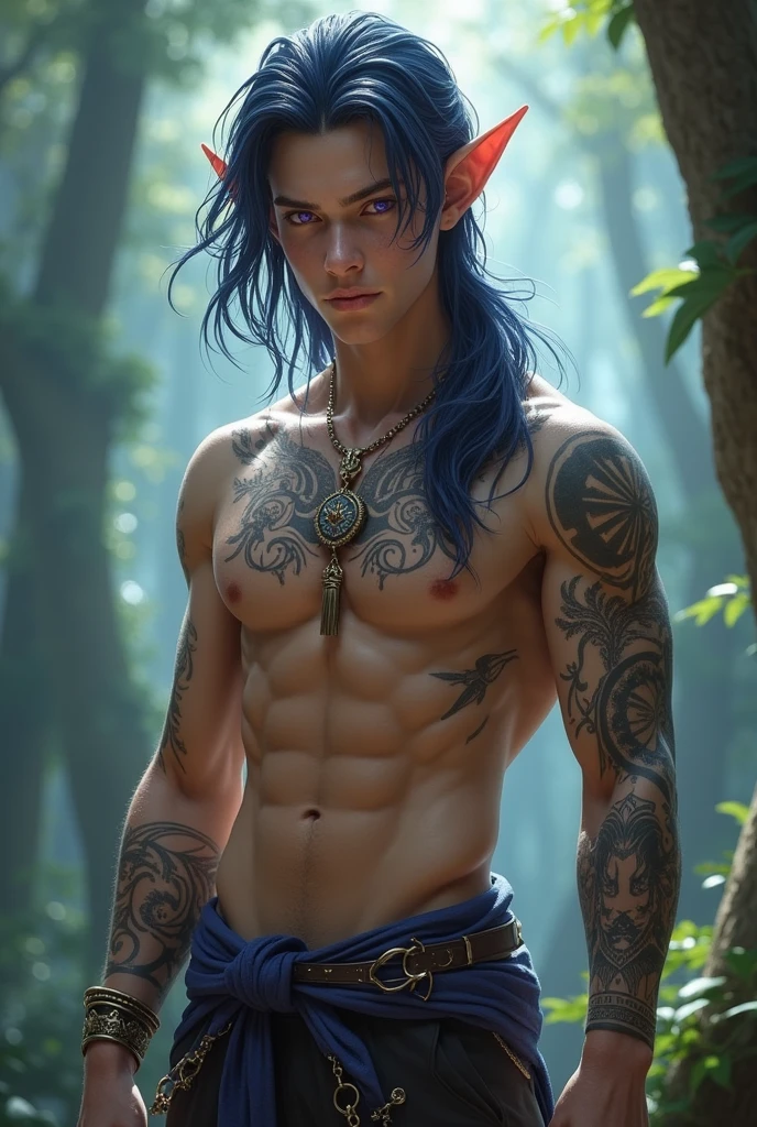 adolescent, tall, manly male
elf, elfish hair , purple eyes, younger looking, tattoos