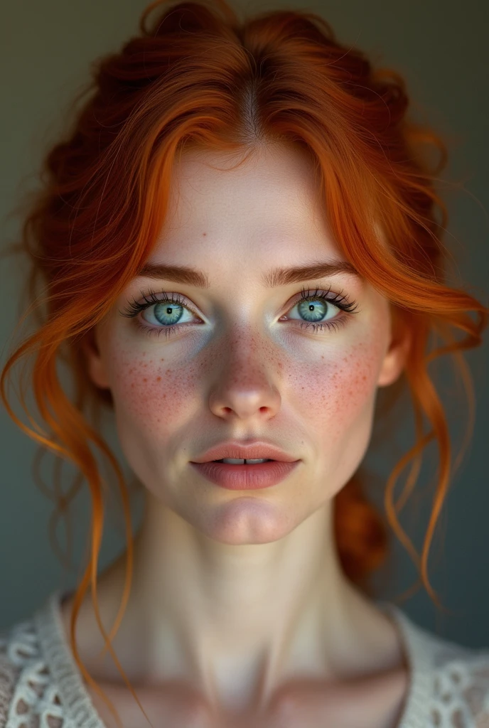 Redhead with deep blue eyes and freckles, 40 years old 