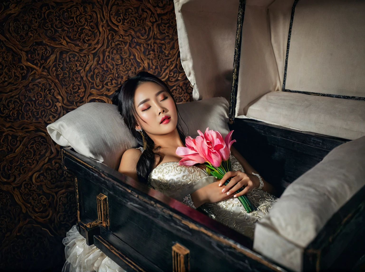 In a striking 8K HDR scene, a stunning Korean woman, 22 years old, lies peacefully in a coffin and coffin cover surrounded by plush pillows behind head. The deep box is set against a rich black background, accentuating the beauty of the subject. Her exquisite deep-V neckline kebaya attire is embroidered with superb detail, showcasing her round and firm breasts, perfect cleavage, and beautiful eyebrows. Her closed eyes and mouth give an air of serenity, while her visible and absolute cleavage leave nothing to imagination. The scene is bathed in saturated colors, highlighting every intricate aspect from the ball skirt to her clean face, straight body, detailed hand perfect hands, straight body, own hands together, own hand on stomach, detailed hands, perfect hands, holding the flowers.