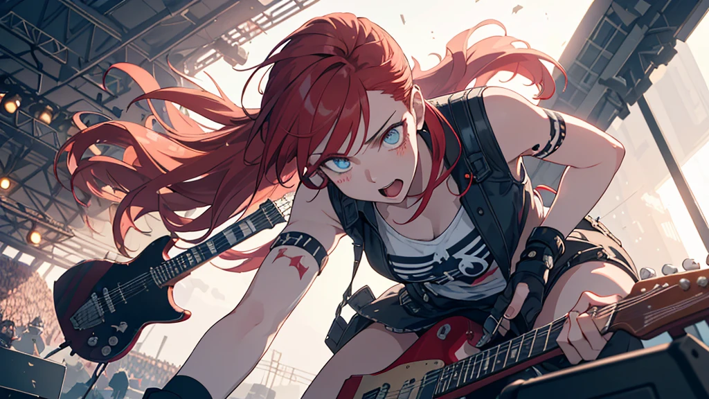 legendary girl punk rockers, (watermelon is their trademark),
punk fashion, super cool, fashionable, sophisticated,
solo, sapphire eyes, (playful captain redhead bow-legged with guitar), positive feeling,
rampages on stage,
initial impulse, destructivism, destroyism, anarchism, no future, god save the queen, irony,
(dynamic action, dynamic effects, dynamic hair, dynamic actions),
light reflection, backlit, dynamic lighting,
(masterpiece), (best quality), (extremely detailed),
sharp image, clear image, vivid colorful image,
detailed body, detailed hair, detailed face, detailed eyes,
highly detailed background