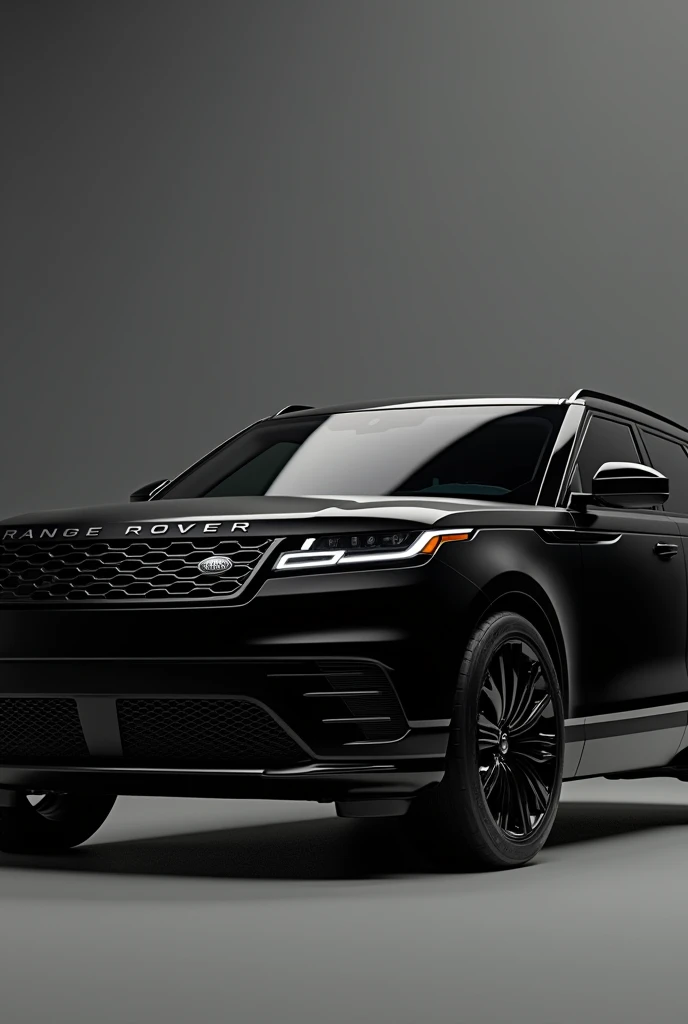 Create an image in potrait size of a black range rover velar with black accessories and black accent side view.