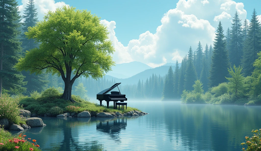 "Black grand piano、It sits on a small island in the middle of a calm, reflective lake.。Blooming flowers all around々and lush greenery spreads out、Tall pine trees in the distance々I can see。Soft fluffy clouds float in the sky、Sunlight pours in、It creates a calm and dreamy atmosphere.。The tranquility of natural scenery、To portray the elegance of the piano in a realistic and detailed way。"

Green foliage tree、A cool, green tree々
