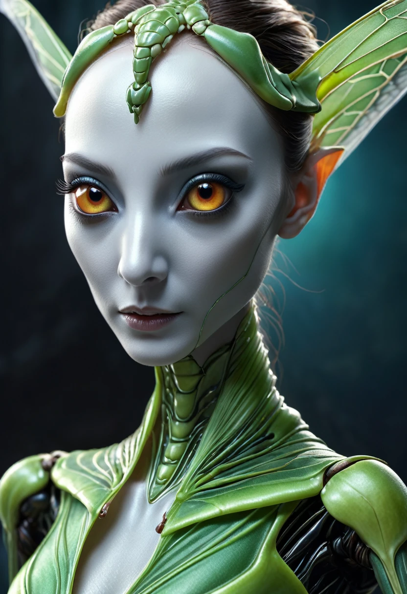(best quality,4K,8K,high resolution,masterpiece:1.2),Extremely detailed,(Reality,Photo-real:1.37), (A beautiful female ghost，There are compound eyes，Looks like a praying mantis&#39; eyes:1.5), Futuristic, high tech, Natural skin, Emerald green compound eyes, Beautifully, Facial features are detailed, (Sharp eyes, Long eyelashes and sharp corners:1.3), Sculpted facial structure, Innovative fashion style, Metal, Shiny Makeup, Glitter Eyeliner, ornate Futuristic jewelry, Exquisite headdress, feathers and Metal elements, Ethereal background with floating holographic particles, contrejour lighting，Highlight soft light, Teal color scheme, Otherworldly atmosphere. (National Foundation:1.1), (Fit body, Small Breasts:1.5)