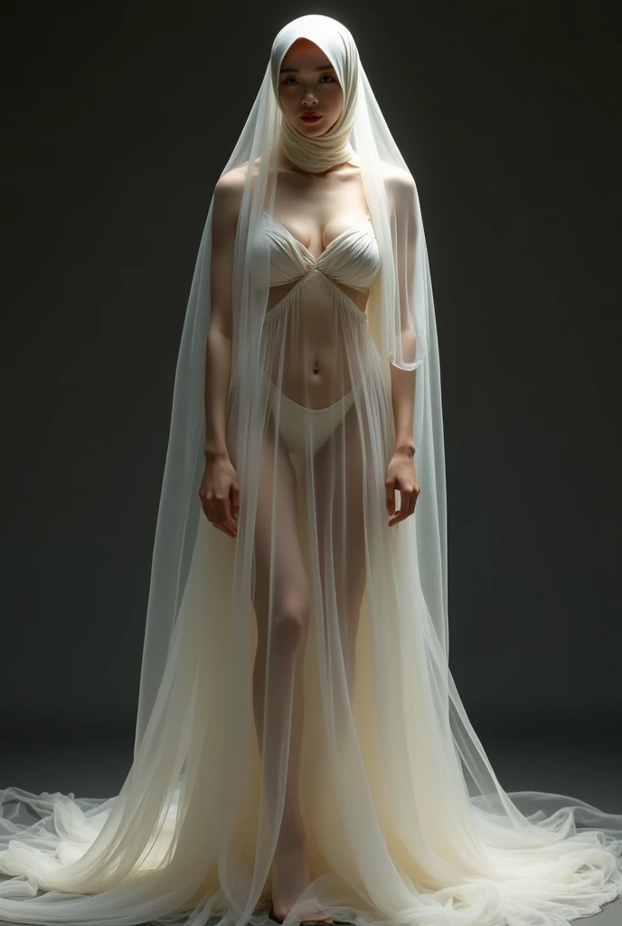 Asian woman wrapped in a transparent cloth mimicking a mermaid gown with a striking large train, the cloth clings tightly to her figure, incorporates a hijab, standing with poise, see through whole body, nipple on, dramatic lighting, volumetric textures, ultra realistic, golden ratio.