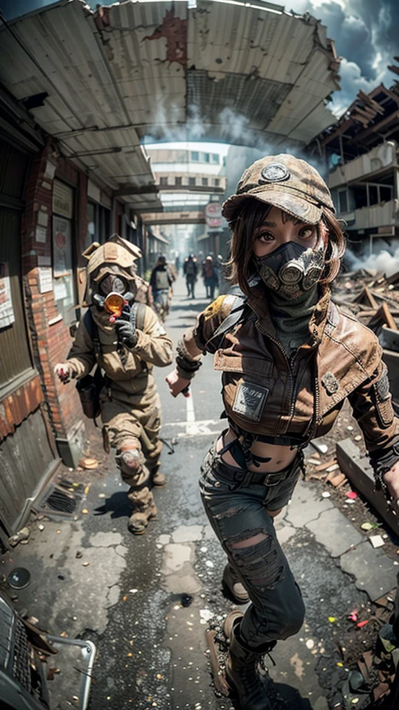 masterpiece, best quality, high resolution, rich details, 8k, extreme light and shadow, image of a beautiful young woman wearing yellow tactical gear, dirty and dusty , walking down a desolated street in a collapsed city, post apocalypse, smoke and fog in the air, BREAK yellow gray sky covered with toxic cloud, collapsed building, broken street, tall body, detailed face, detailed eye, cold face, dirty, (post apocalypse theme),