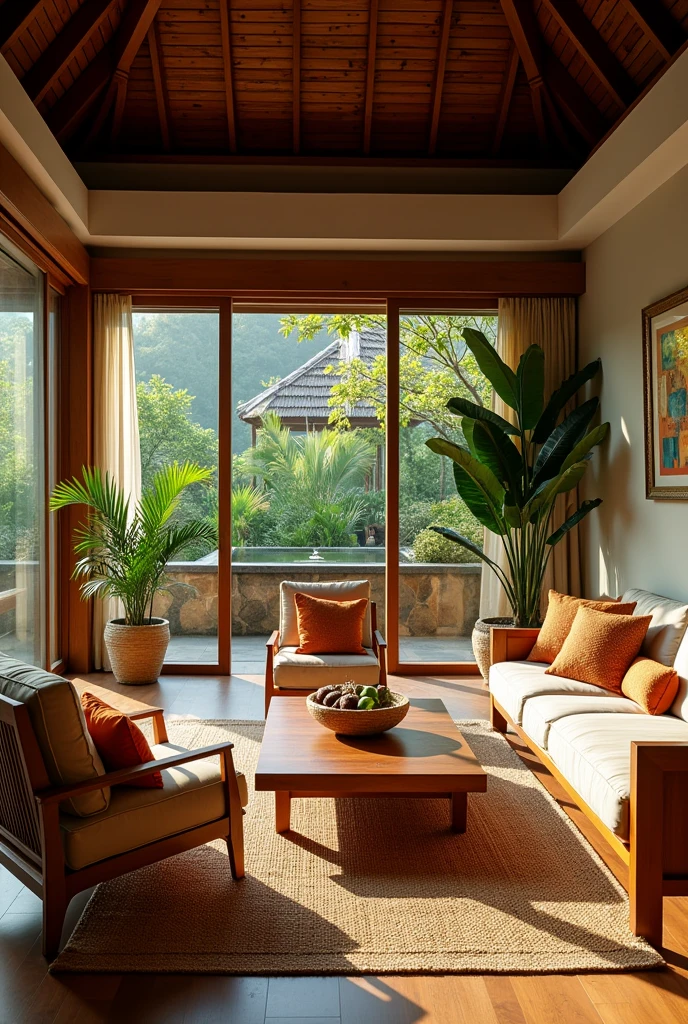 Cozy tropical living room with wood furniture in Bali  
