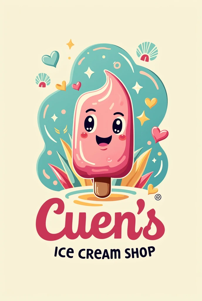 A logo for a popsicle shop that is eye-catching and beautiful that says Cuen's Ice Cream Shop