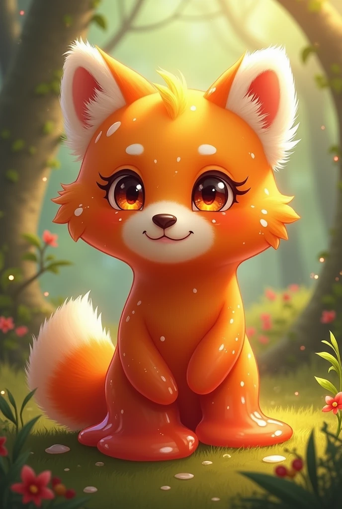 Rina is a slime girl with a warm, amber-red hue, semi-translucent and jelly-like. She has fluffy red panda ears and a bushy tail, adding a cute contrast to her gooey form. Her large, golden eyes are full of curiosity. Playful and mischievous, Rina loves exploring but can be shy around strangers. She can reshape her slime body at will, slipping through tight spaces or bouncing around. Her red panda traits give her excellent balance and agility. Born in a mystical forest, Rina is always eager to explore and share her discoveries.