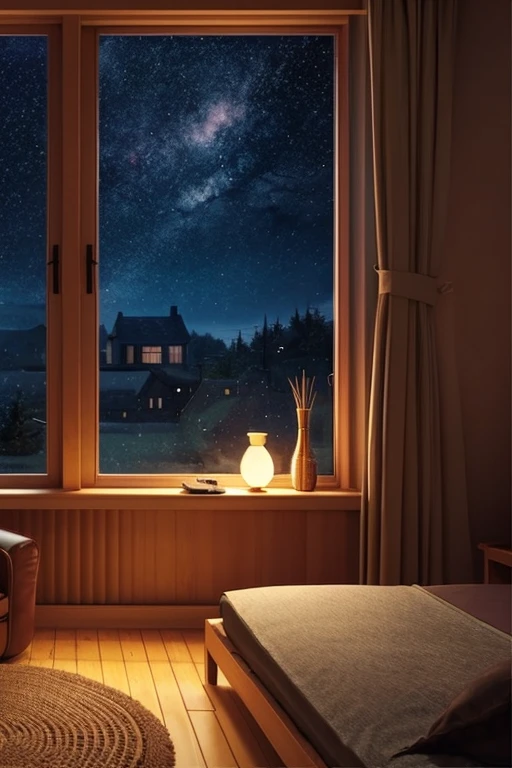 night、In a cozy room、Cat listening to music、3D-style animation、Ghibli style、Low-fi、Starry sky from the big windows