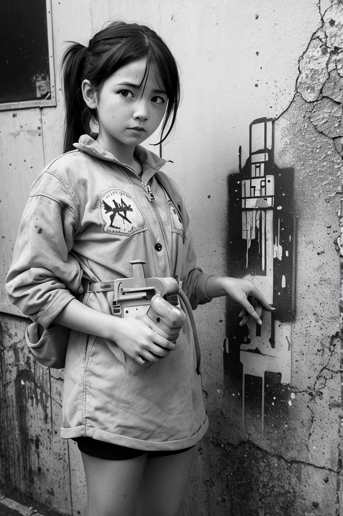 Banksy-style image,Girl holding an atomic bomb,monochrome,A touch that looks like it was painted with a spray can,