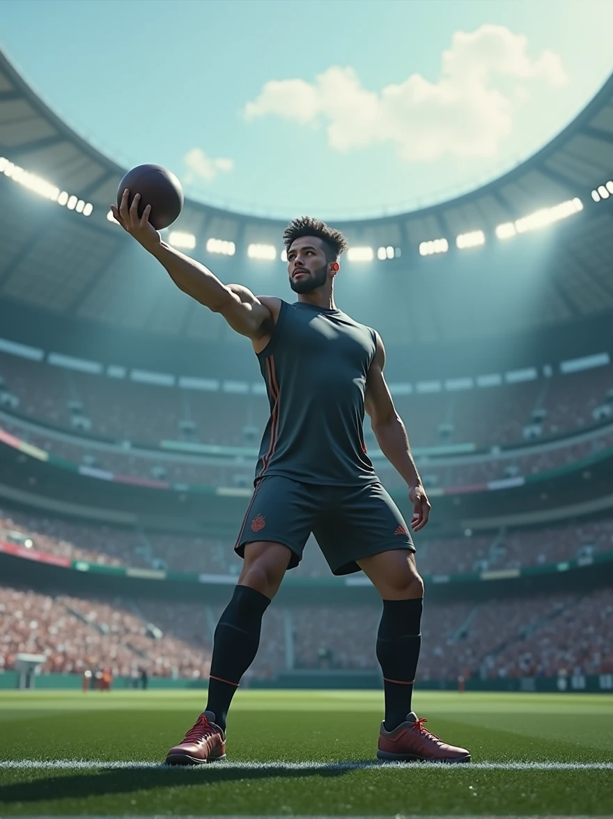 a person in the middle of stadium wearing sports clothing and ready to throw a ball, cinematic, 4k resolution