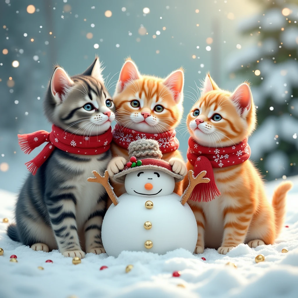 A group of three cats wearing Christmas scarves, playing in the snow with a snowman, detailed, cute, whimsical, soft pastel colors, warm lighting, magical winter scene, detailed feline features, expressive cat faces, fluffy cat fur, intricate snowflakes, sparkling snow, (best quality,8k,masterpiece:1.2),ultra-detailed,(realistic,photorealistic:1.37),warm holiday atmosphere 16k