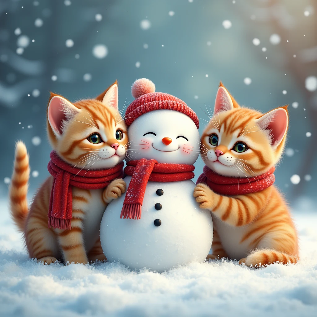 A group of three cats wearing Christmas scarves, playing in the snow with a snowman, detailed, cute, whimsical, soft pastel colors, warm lighting, magical winter scene, detailed feline features, expressive cat faces, fluffy cat fur, intricate snowflakes, sparkling snow, (best quality,8k,masterpiece:1.2),ultra-detailed,(realistic,photorealistic:1.37),warm holiday atmosphere 16k