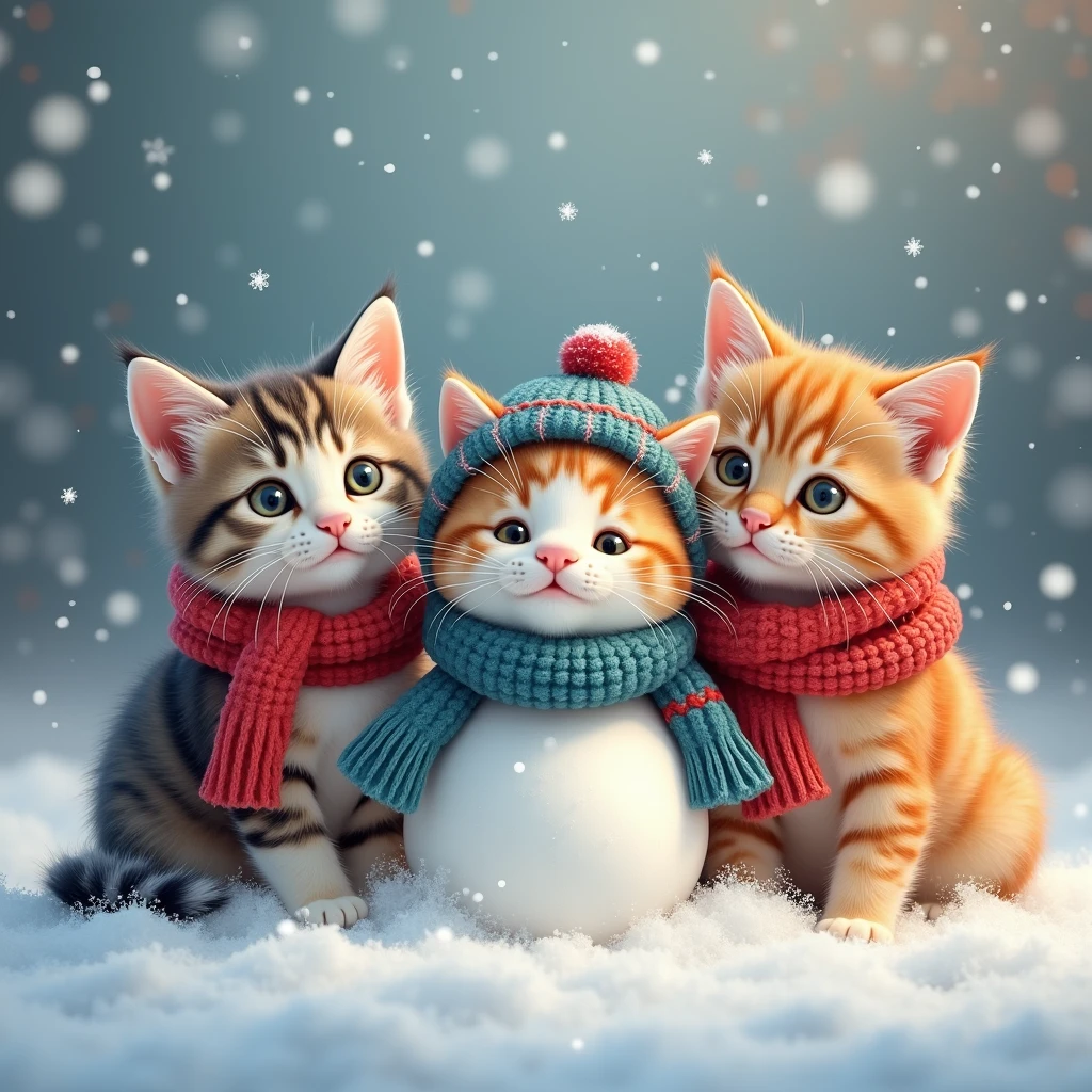 A group of three cats wearing Christmas scarves, playing in the snow with a snowman, detailed, cute, whimsical, soft pastel colors, warm lighting, magical winter scene, detailed feline features, expressive cat faces, fluffy cat fur, intricate snowflakes, sparkling snow, (best quality,8k,masterpiece:1.2),ultra-detailed,(realistic,photorealistic:1.37),warm holiday atmosphere 16k