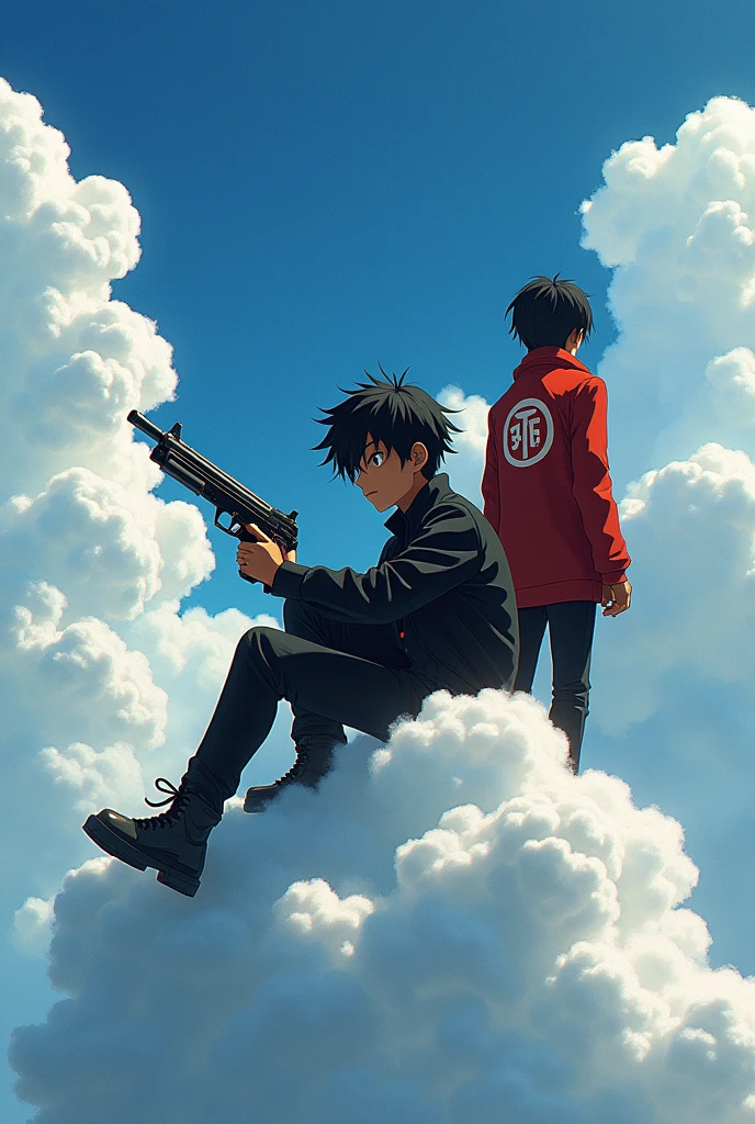 black kid anime kid with guns that have the word Tenjiku slayer while he is sitting on clouds with a anime boy with a red coat with a Tenjiku logo injured while he stands on them and he has a white suit all black pants and has black skin and he has black skin