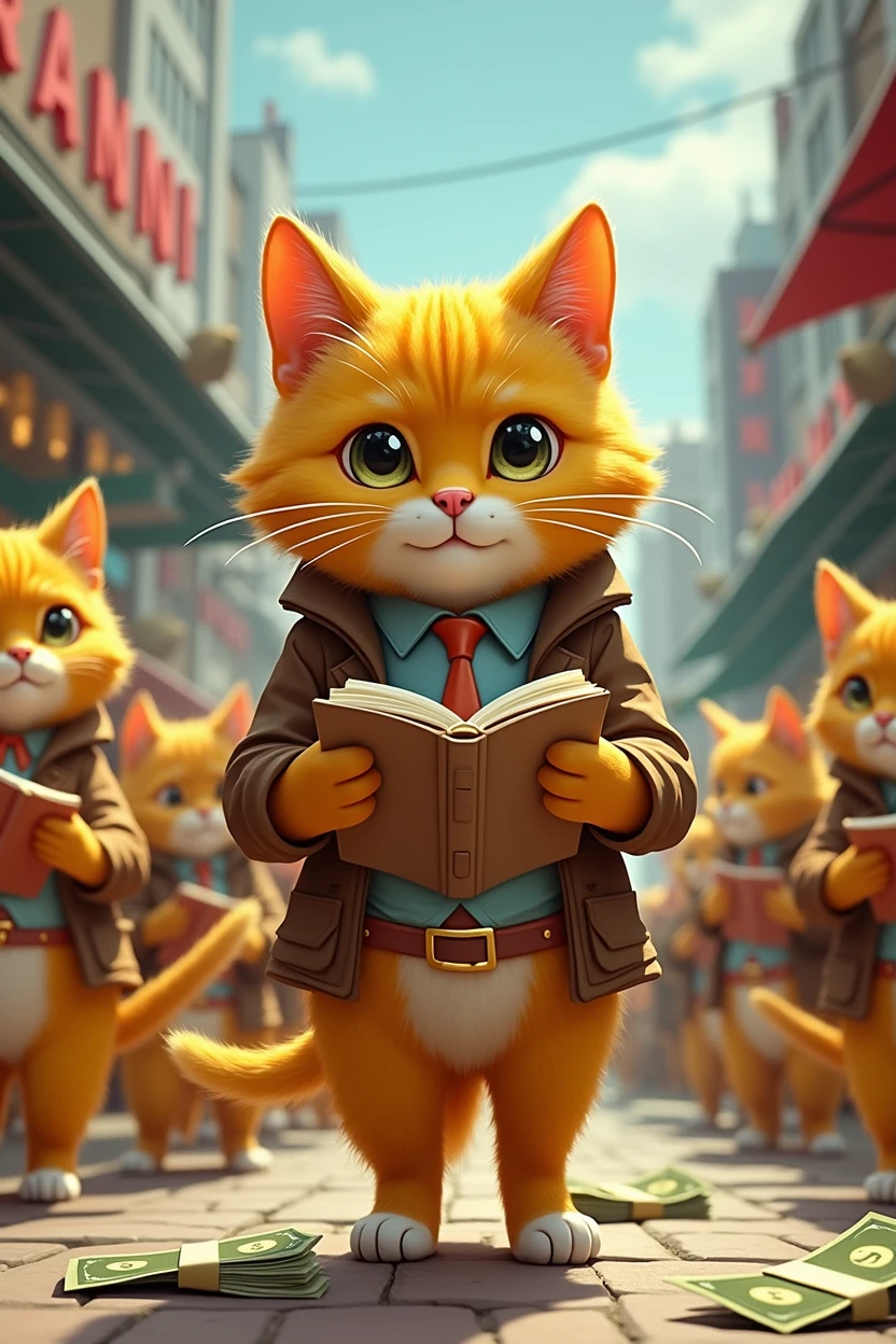 The yellow cat relies on knowledge to make money, leading other cats to wear no clothes and make money, and understands the key