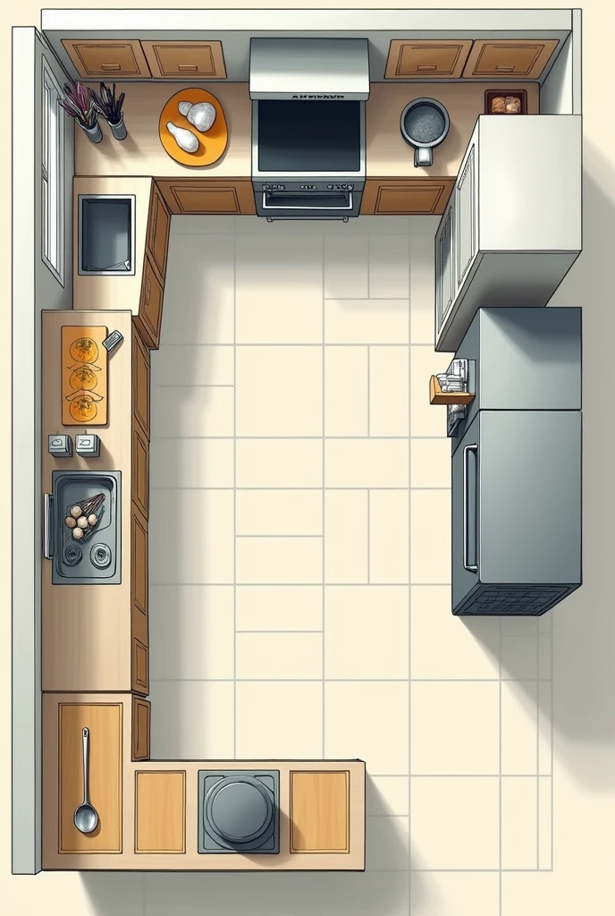 Give me a picture of easy drawing designing a kitchen layout that optimizes the use of tools for efficient egg preparation

Work Triangle: Arrange the stove, sink, and refrigerator in a triangular layout to minimize movement between these key areas.

Prep Area: Place a spacious countertop near the stove for cracking and beating eggs.

Storage: Have an accessible drawer or shelf near the prep area for storing egg-related tools like beaters, spatulas, and measuring cups.

Cooking Station: Position a non-stick skillet or frying pan close to the stove for easy cooking.

Cleaning Zone: Place the sink near the prep area for easy cleanup, with dish soap and sponges within reach.

Utensil Organizer: Use a utensil drawer or container near the prep area to keep essential tools like whisks, tongs, and ladles handy.