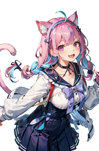 masterpiece, Highest quality, High resolution, Side light, One girl, Minato Akua, Virtual YouTuber, tail, Animal ears, Cat ear, Long Hair, Purple eyes, Braiding, Ahoge, cat tail, skirt, Multicolored Hair, twin Braidings, Blue Hair, Two-tone hair, hair band, tail ornament, tail ribbon, Pink Hair, Anchor hair ornament, ribbon, Sailor collar, school uniform, pleated skirt, bow, Cat girl, twintails, Large Breasts, bangs, Upper Body, smile,
