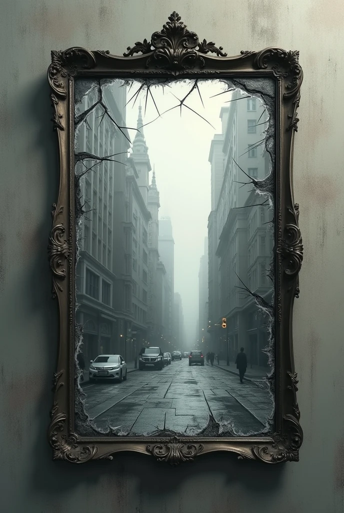 Please can you make me an image that is a mirror broken around the edges and that inside you can see a city with colors mostly in a not very dark gray scale?