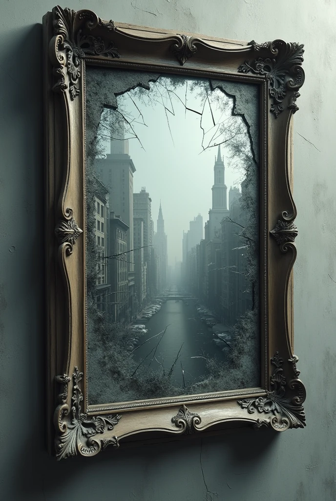 Please can you make me an image that is a mirror broken around the edges and that inside you can see a city with colors mostly in a not very dark gray scale?