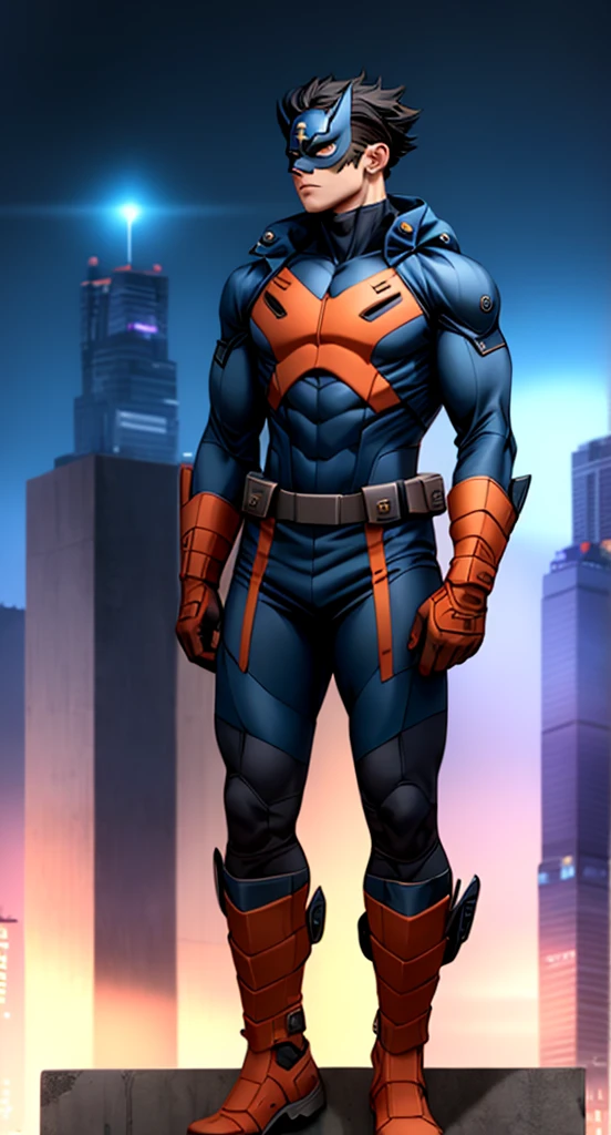 HomelanderComicACC, male superhero, male, 1 male, anime male, a man with black hair, stands tall and imposing, superhero outfit, a futuristic sci-fi style blue winter jacket on top of his bodysuit, a dark blue bodysuit, his face concealed by a falcon concept mask, full_mask, matching trousers, a belt cinched at the waist, colorful grey gloves, blue winter jacket on top of his bodysuit, he stands atop a futuristic high-rise, he surveys the city night view, this character embodies a finely crafted futuristic sci-fi, exquisite and mature manga art style, high definition, best quality, highres, ultra-detailed, ultra-fine painting, extremely delicate, professional, perfect body proportions, golden ratio, anatomically correct, symmetrical face, extremely detailed eyes and face, high quality eyes, creativity, RAW photo, UHD, 32k, Natural light, cinematic lighting, masterpiece-anatomy-perfect, masterpiece:1.5