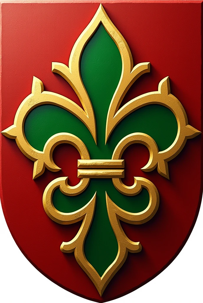 Create a coat of arms of the LUGO family name. In a gules field, a gold fleur-de-lis cross filled with green angled with four gold spikes.