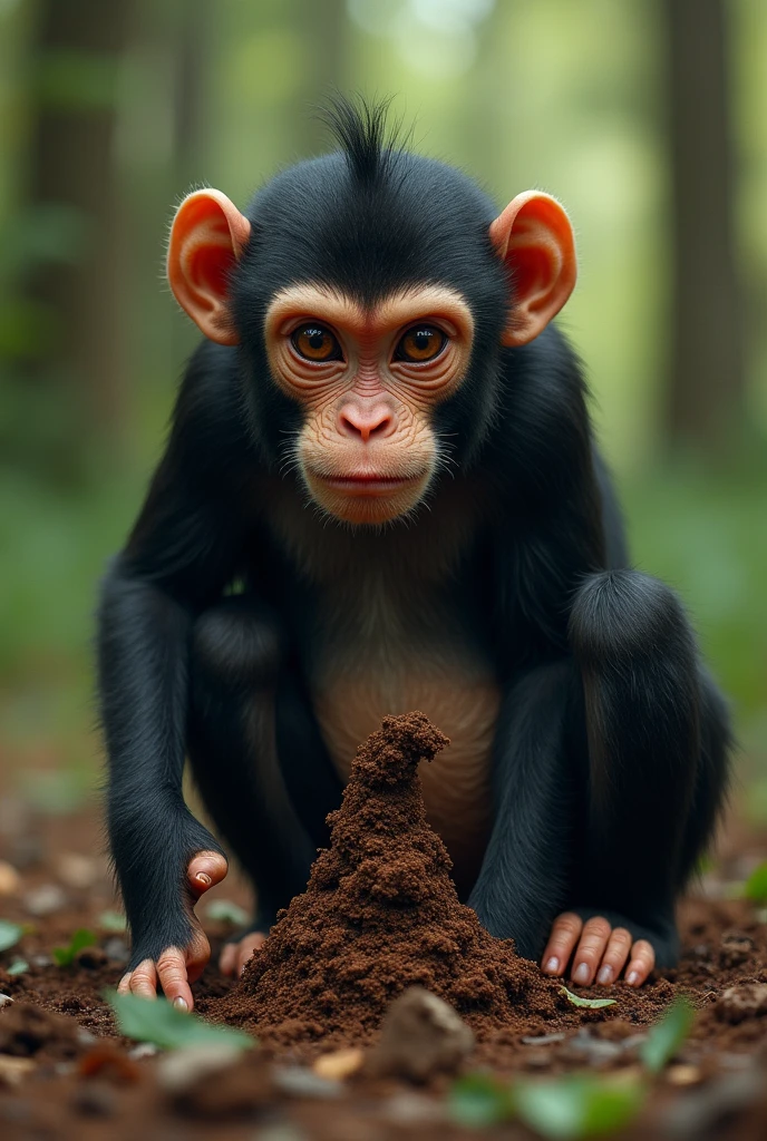 monkey d. Lufy small penis very thin very thin waist cute delicate face short hair black nude, he is squatting face down in a forest defecating a huge poop coming out of his anus, and the anus defecating)
