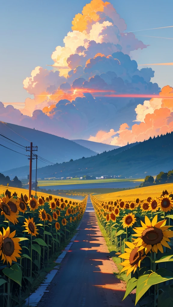 Please draw a sunset scene.。Road to a distant mountain々They run parallel to the left and right、The sunset paints the sky in shades of blue and orange。Sunflowers in full bloom on both sides of the road、The vibrant yellow colour adds colour to the landscape..。The road is lined with electric wires、Adding a human presence。Please express the tranquil and beautiful natural scenery as a whole..。