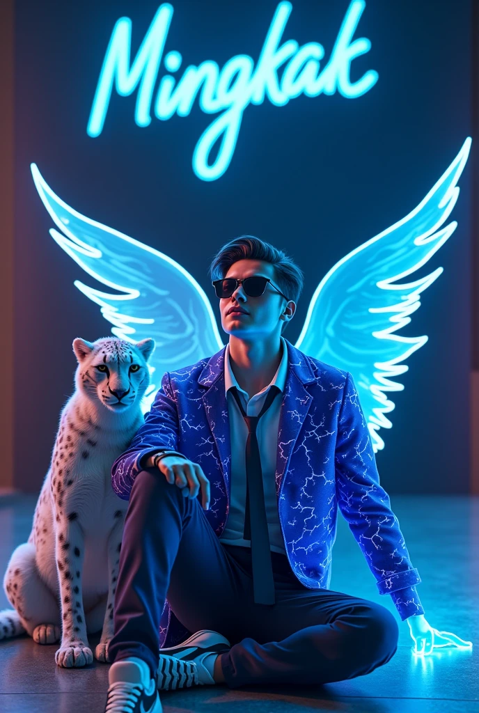 Create a 3D illusion for a profile picture where a handsome 20 year old young man with sunglasses and a t-shirt covered with a blue lightning jacket and wearing a tie sits relaxed on a helicopter fantasy. With HandPanch hand blue neon light. And a fierce White Cheetah by my side. Wearing sneakers, he looked ahead. The background features a large &#39;Mingkak&#39; in the large Light Game Room and a large blue neon light font on a large black wall.. There should be no shadow, and there are wings to be made