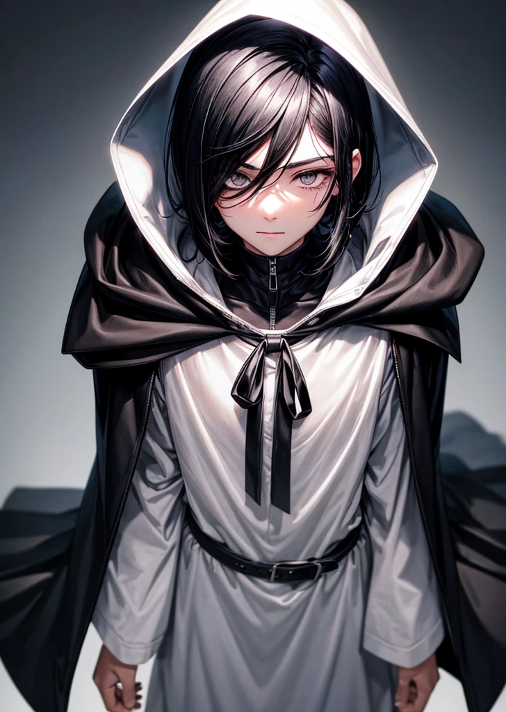 Boy with short jet black hair length to neck with dull silver eyes with black pustules wearing a hooded coat