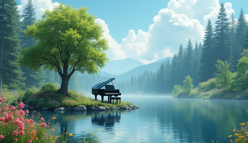 "Black grand piano、It sits on a small island in the middle of a calm, reflective lake.。Blooming flowers all around々and lush greenery spreads out、Tall pine trees in the distance々I can see。Soft fluffy clouds float in the sky、Sunlight pours in、It creates a calm and dreamy atmosphere.。The tranquility of natural scenery、To portray the elegance of the piano in a realistic and detailed way。"
Green foliage tree、A cool, green tree々、Colorful flowers are blooming