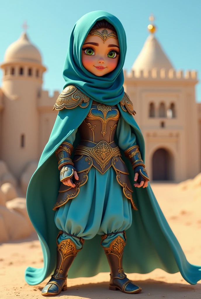masterpiece, best quality:1.2), smiling at the viewer, arabian warrior princess girl with green eyes, wearing blue hijab headscarf, armor, armored dress, blue puffy princess skirt, green cape, armored boots, blue fingerless gloves, standing in front of desert castle
