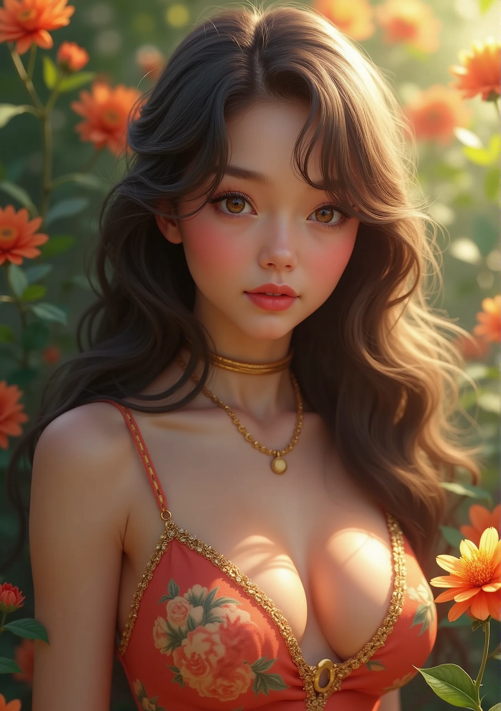(best quality,ultra-detailed,photorealistic),young woman,beautiful eyes,detailed lips,pensive expression,soft lighting,vibrant colors,smooth skin,long flowing hair,stylish outfit,garden background,colorful flowers,natural sunlight,serene atmosphere
