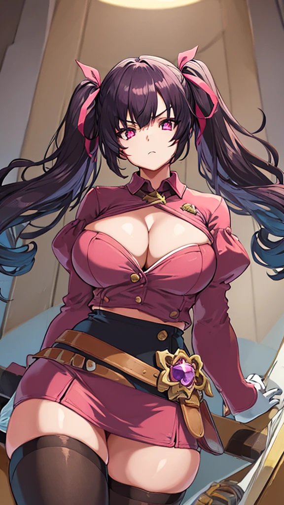 High detailed, masterpiece, High detailed, 1 girl, solo, dark violet hair, large curly twintails, twintails ribbon, pink eyes, big busty, firm chunky body, Red shirt, , deep cleavage, Juliet sleeves, pencil skirt, black thighhighs, white gloves, tall, serious