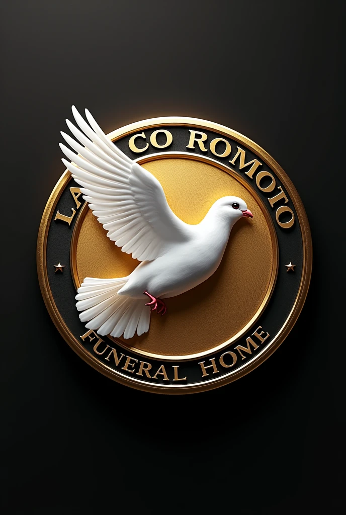 A 4k circular logo of a realistic white dove flying to the left side, with the gold and black background, that says LA COROMOTO FUNERAL HOME