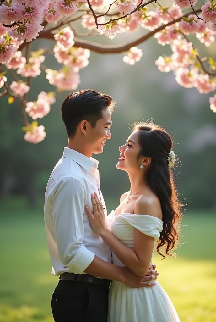 An Asian young realistic couple take prewedding picture in Yamashita Park. They are free and full of energy yet very passionate