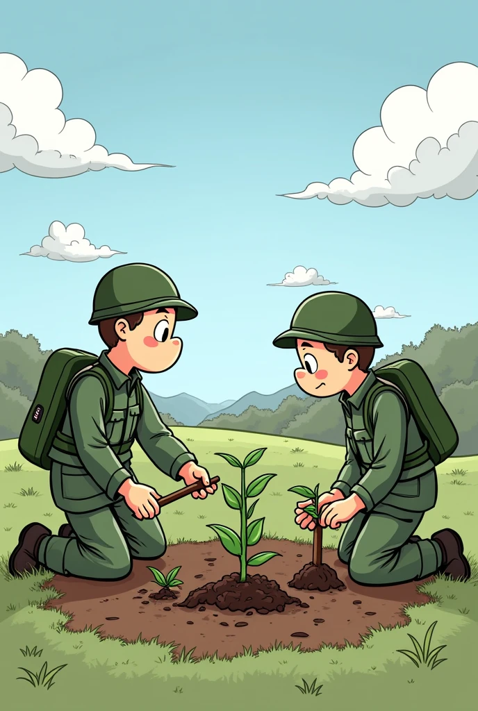 Cartoon of soldiers planting plants with the thought in letters that says another weekend saving the planet