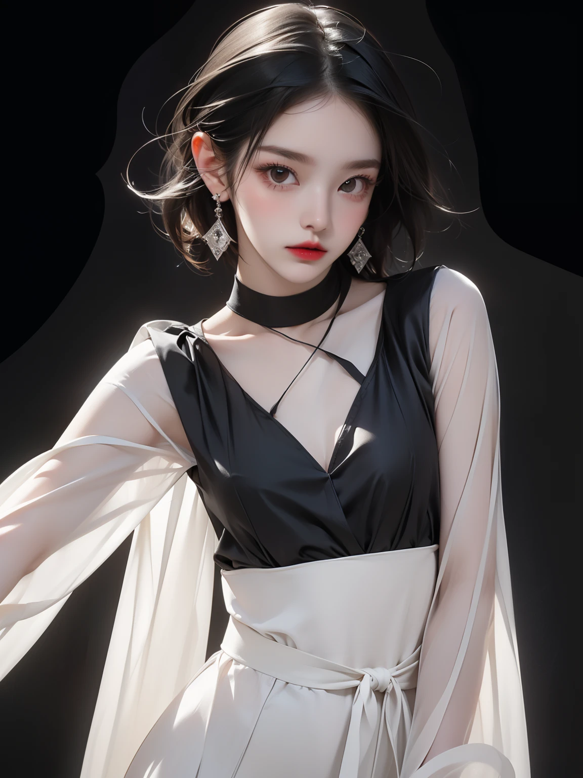 (masterpiece, Highest quality:1.2), Realistic, (Face shape: Surface Length Contours), (eye: Sharp eye, Cold Stare, eye make up), (nose: The nose muscles are thin and small in size.), (mouth: Neutral lips, Bright red lips), (skin: Transparent white skin, cheek), (shape: Small waist, Thigh Gap, Small breasts), (Overall impression: Korean young woman), (hair: Perm, short hair), ((Clothes: See-through blouse, Earrings)), ((Black background)), Strike a Pose