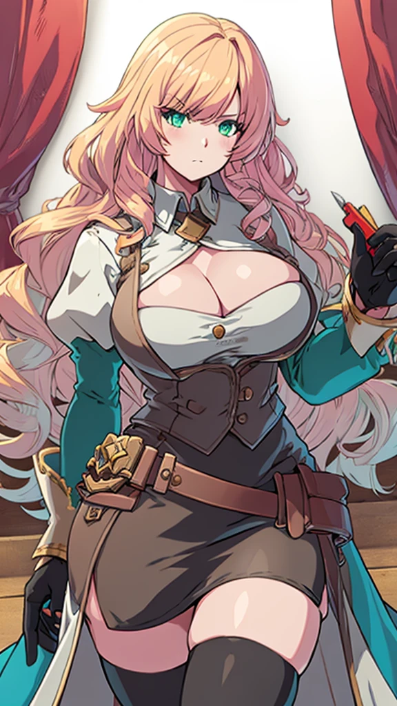 High detailed, masterpiece, High detailed, 1 girl, solo, cyan large spiked wavy hair, Green eyes, big busty, firm chunky body white shirt, , deep cleavage, Juliet sleeves, pencil skirt, black thighhighs, white gloves, tall, serious