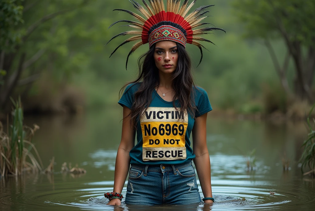 extremely detailed woman in jeans and t-shirt and race bib "VICTIM No6969 DO NOT RESCUE"  is victim of ritual, drowning in bog, in the middle of a bog, y photoshoot posing, wearing a beautiful headdress and traditional indigenous makeup. red, green, blue