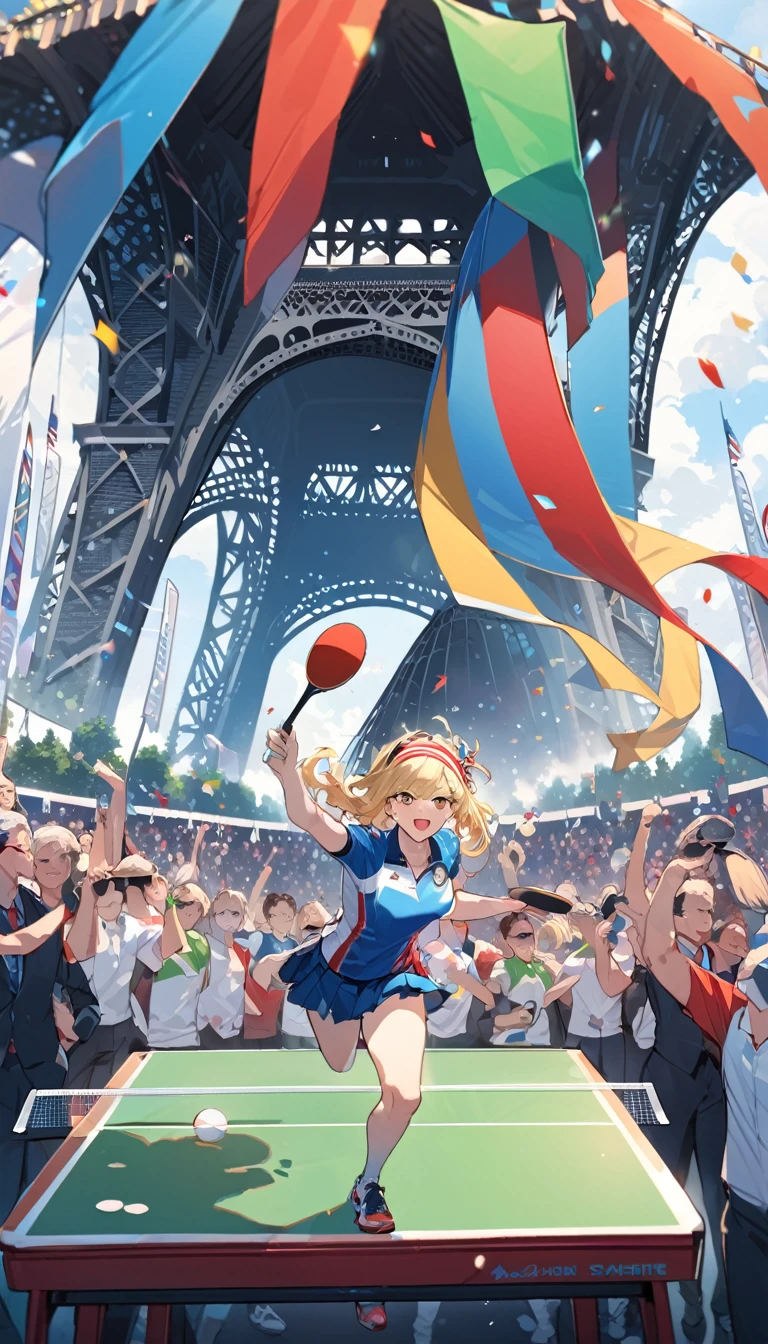 best quality, Good quality, 16K, Unbelievably ridiculous, Very detailed, 2.5D, Delicate and dynamic, Blue sky , table tennis,  Table tennis competition，拿table tennis拍，Tight sportswear，table tennis拍击球，Sweat，Short skirt，sexly的17岁女孩，挥动table tennis拍，Olympic，Olympic Games uniforms，Big ，sexly，Hit Ping Pong，Headband，Vision，whole body，crowd，A lot of people, Colorful contrails, Confetti, Olympic flag, crowd, audience, A lot of people々, gentlemen.々Race, gentlemen.々age, men and women, gentlemen.々nationality, Many flags，Under the Eiffel Tower，
