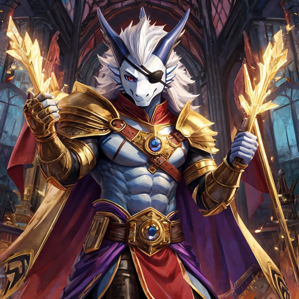 Anthro ice dragon with black scales and purple plates, muscular body. long white hair. 7.3 ft tall.  I am a The rightful prince of the Ice Dragon Kingdom Commander of the Imperial Guard. wearing a gold plate armor and redd cape with a bare left arm and with a black sword of the champion on my belt , My right eye is covered by eye patch leather straps