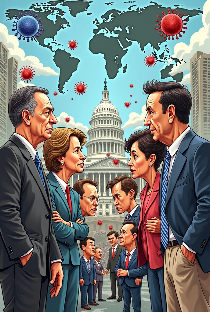 describe through editorial cartooning how politics, political ideologies, cultural variation and social differences affect the government management and response to covid 19 global pandemic.