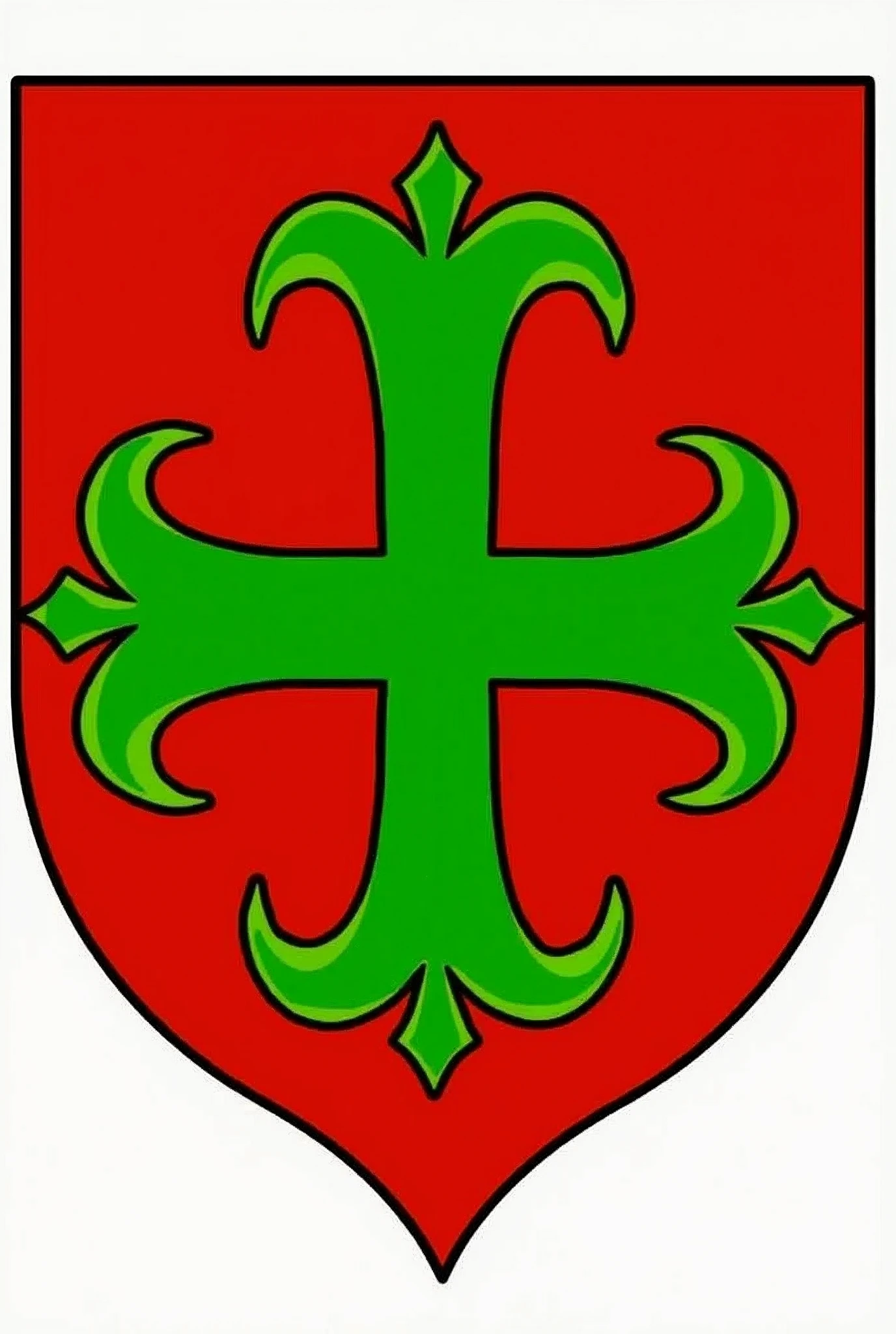 Create a coat of arms of the LUGO family name. In a gules field, a gold fleur-de-lis cross filled with green angled with four gold spikes.