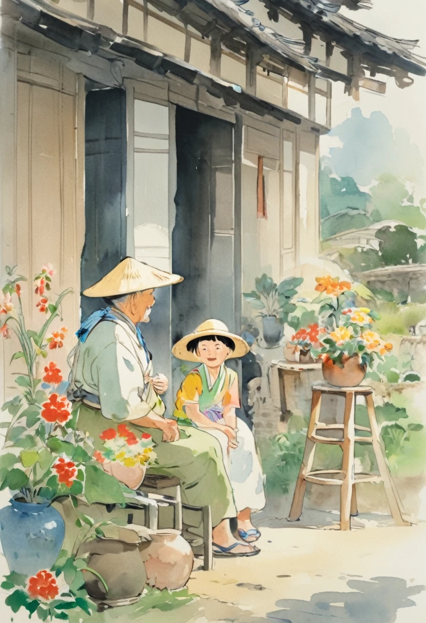 An elderly figure wearing a straw hat sits on a stool, talking to a child, with flower pots by a traditional house.