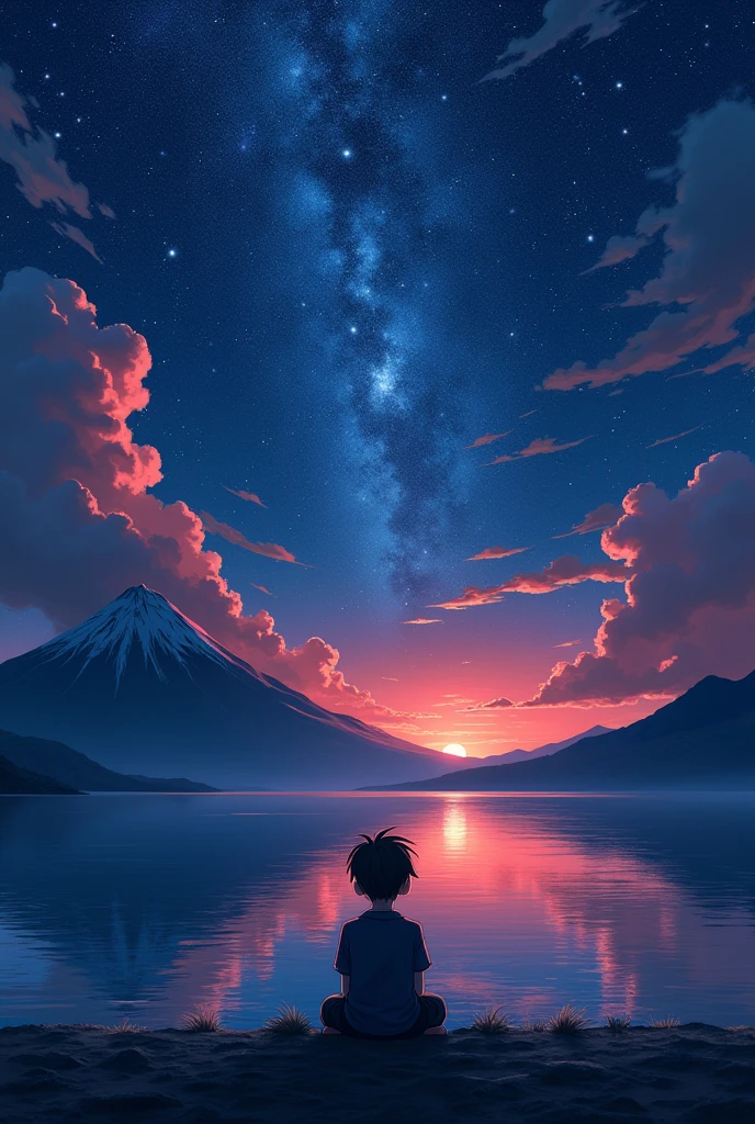 beautiful landscape, seafront, 1boy sitting on seafront looking at sky, dark sky, stars, moon, shooting stars, red clouds, background mountain, Still water reflections, Picturesque, idyllic, work of art, best qualityer, 8k, extremely detaild,anime styling, luxury effect