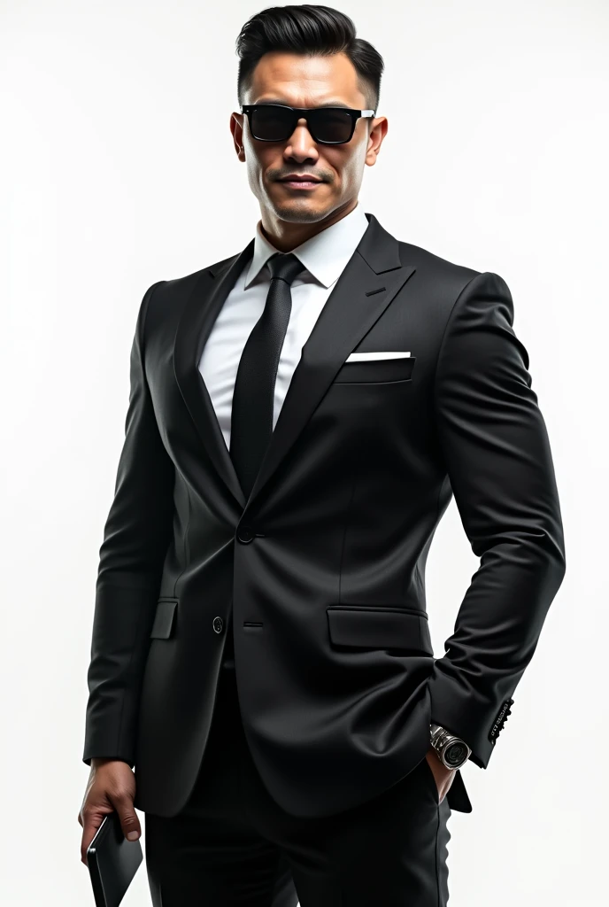 Asian strong buff man(He is strong,buff,confident, wears a suit and sunglasses and look fearless holding phone.)holding phone poses with white background