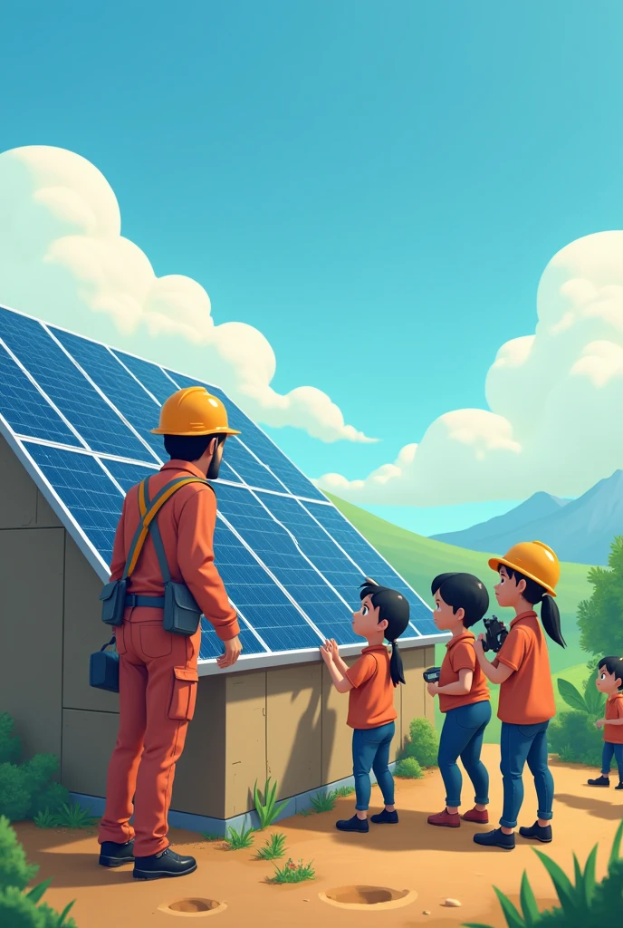 Animated image showing an electrical engineer and 5 people installing solar panels for a community that needs them