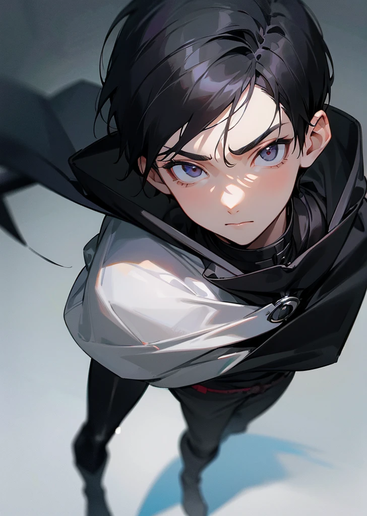 Boy with short jet black hair down to his neck with dull silver eyes with black pustules wearing a hood 