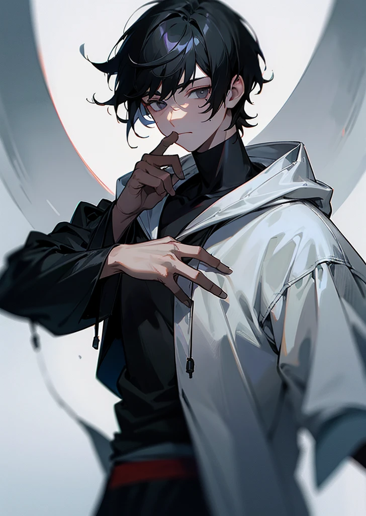 Boy with short jet black hair down to his neck with dull silver eyes with black pustules wearing a hood 